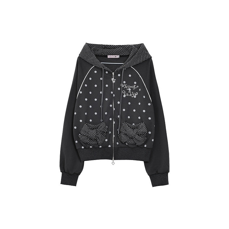 Jacket Dot Raglan Black Gray Bow Polka Hoodie with Decorative / Sleeve