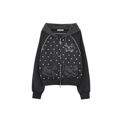 Jacket Dot Raglan Black Gray Bow Polka Hoodie with Decorative / Sleeve