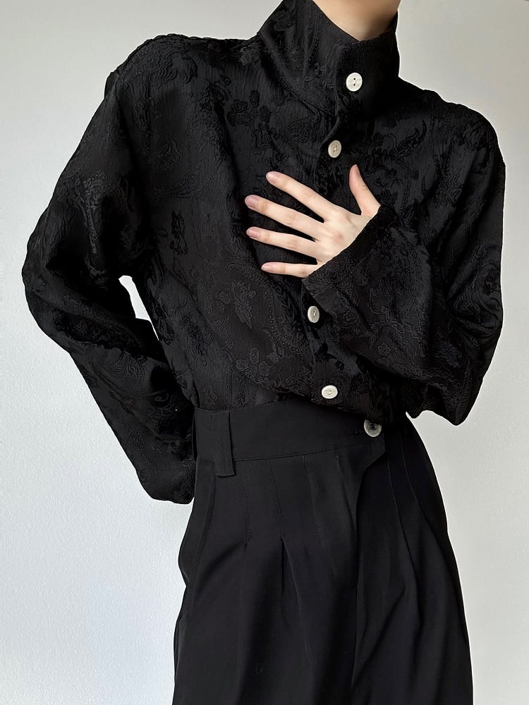Lolita Shirt with Long Cuffs Sleeve Mandarin Textured Black Ouji Collar Button