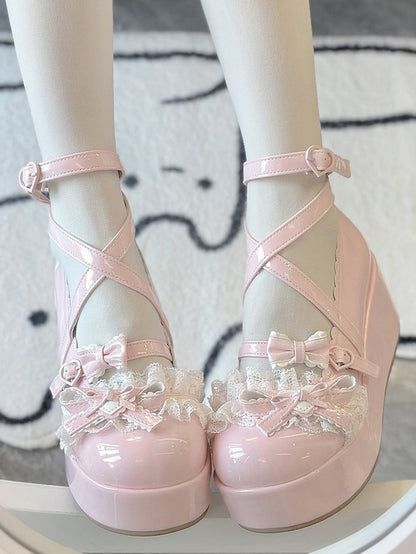 Lolita with Round Heart Buckle Leather Style Toe Pink PU Platform Shoes -