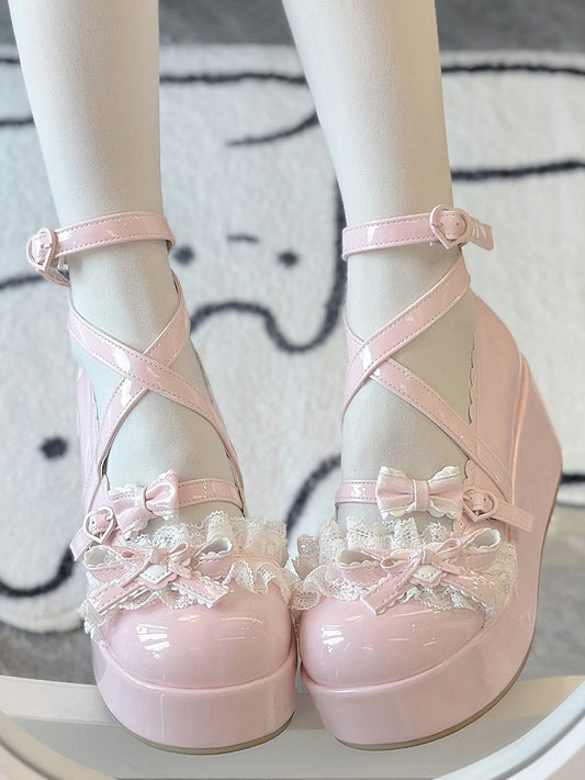 Lolita with Round Heart Buckle Leather Style Toe Pink PU Platform Shoes -
