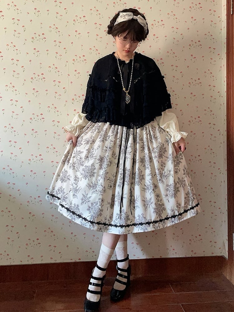 Beige & Black Rosette Print Long-sleeved Elegant Classic Lolita Dress