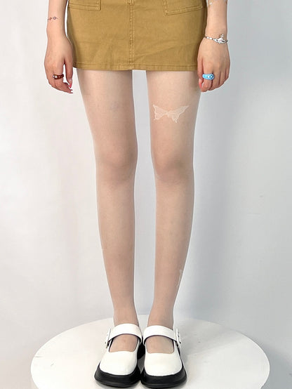 ブラック/ホワイト バタフライプリント タイツ