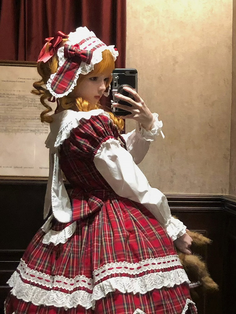 Lolita Schleife mit Haarband Akzente Hasenohren Spitze Plaid und Rot/Grün