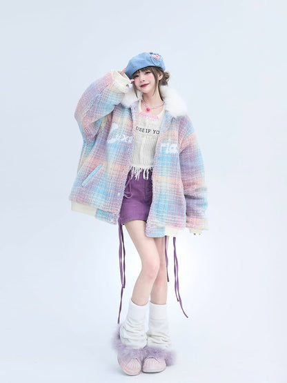 Details with Winter Colorful Coat Collar Faux Plush White Fur Text