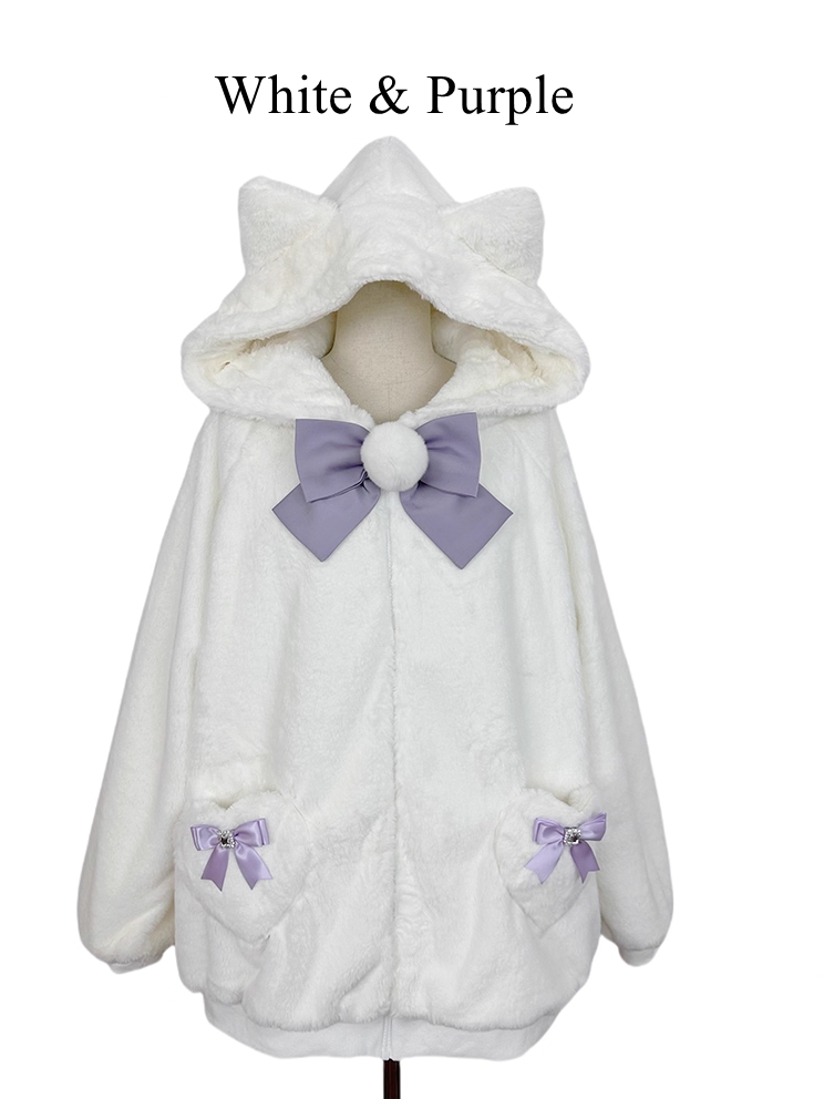 12 Kitty-Ear Jacket Bows Detachable Hooded with Pompom Jirai Available Colors Plush Kei