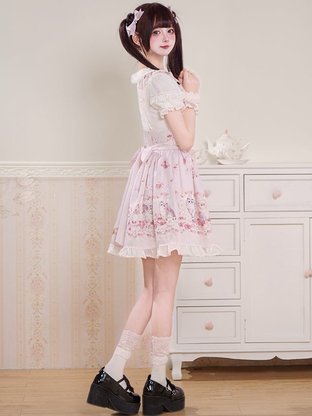 Lace-up Design Sweet Pleating Kei Details Print Pink Cat Jirai