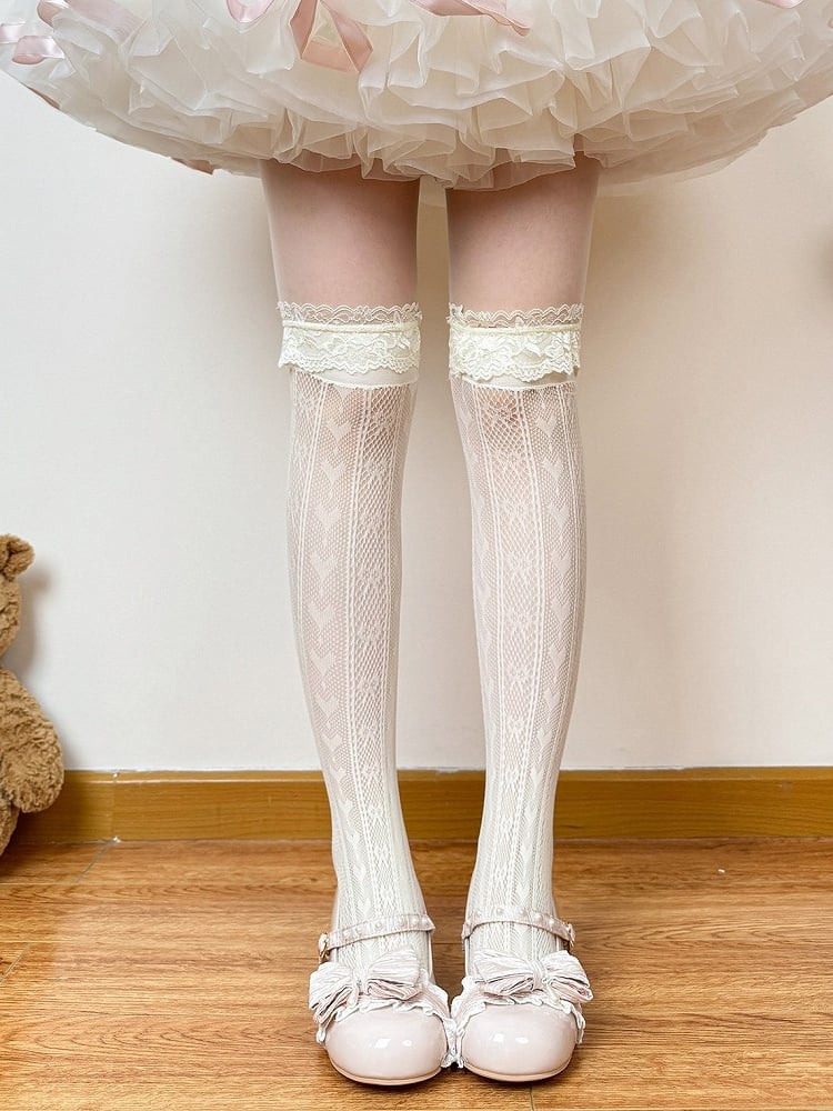 Milk Yellow Lolita Lace Trim Overknee Stockings with Heart Motif - Fat Bear Story