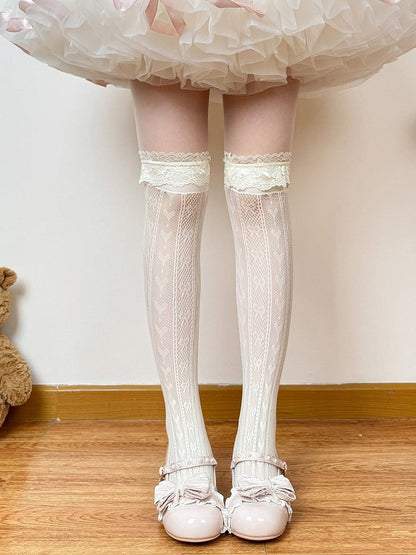 Milk Yellow Lolita Lace Trim Overknee Stockings with Heart Motif - Fat Bear Story