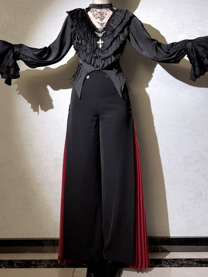 Wide-leg Ouji Pants Red Fashion Panel Black 110cm Pleated ( Extended ) High With Length Waist Chiffon