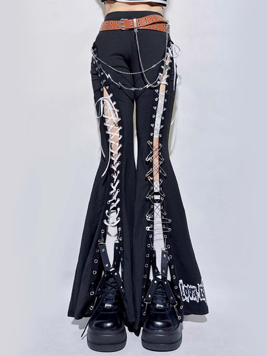 Design with Black and Flared Detailing Lace-Up Pants Pin Safety Symmetrical Slit