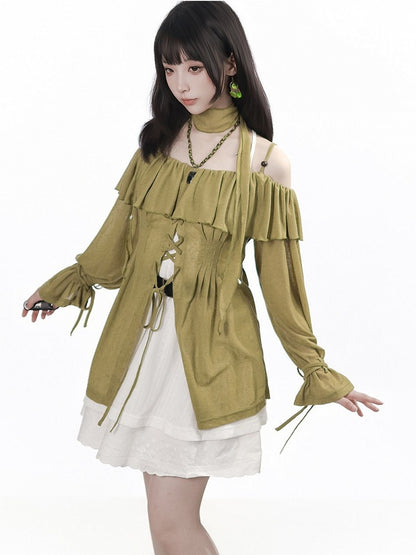 Ruffled Off-Shoulder Knit Top with Neck Scarf in Green - PINK SAVIOR