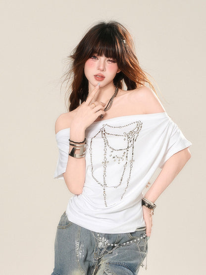 White Off-the-shoulder Neckline Beaded Chain Print T-Shirt