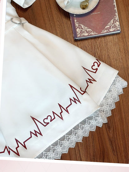 White Print Dress Lace Kawaii and Embroidered Skirt with Red Cross Shoulders Cutout Yami Heartbeat Halter