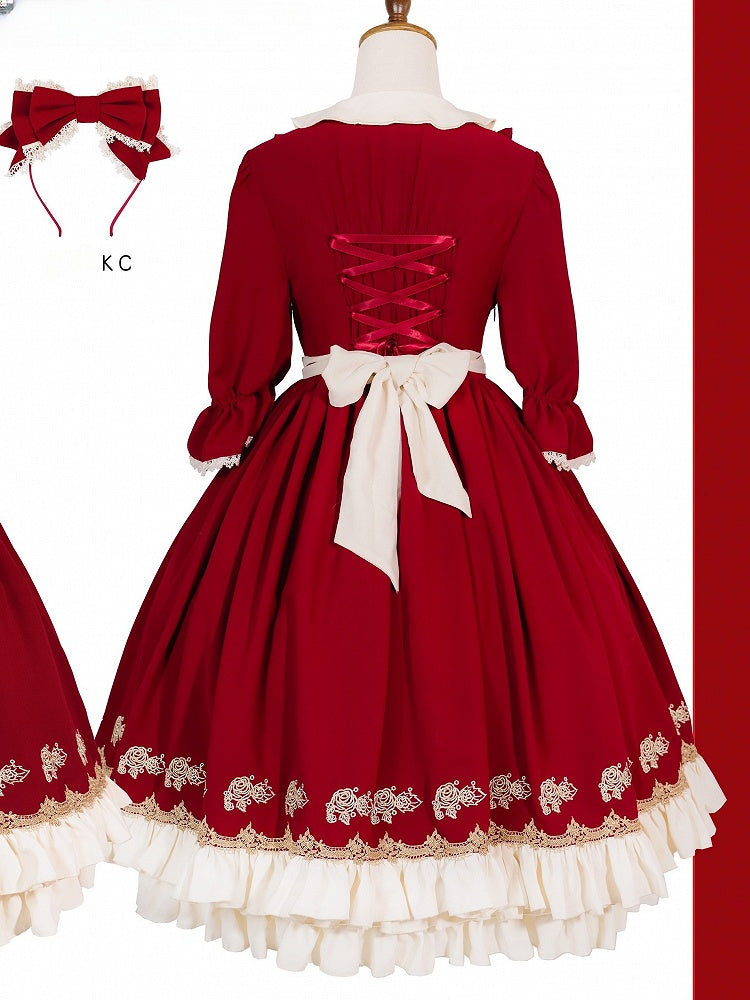 with Lolita Hem and Sweet Beige Embroidered Red Dress Ruffle Strawberry Short-sleeved Apron