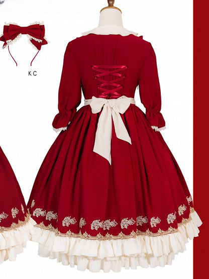 with Lolita Hem and Sweet Beige Embroidered Red Dress Ruffle Strawberry Short-sleeved Apron