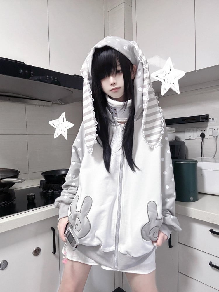 with Bunny / Dot Pink Gray Big Polka Ears Hoodie Striped