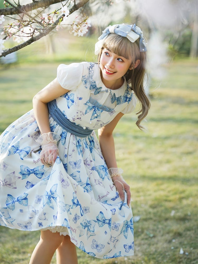 Sweet Bowknots Print Blue High Waist Retao Lolita Dress