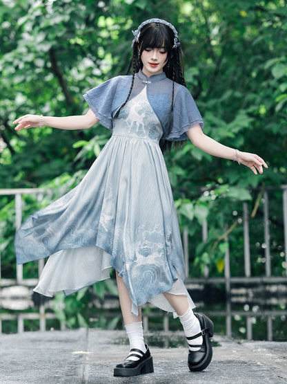 Blue Chiffon Cami Dress with Deer Print & Asymmetric Hem - Quirky Hut