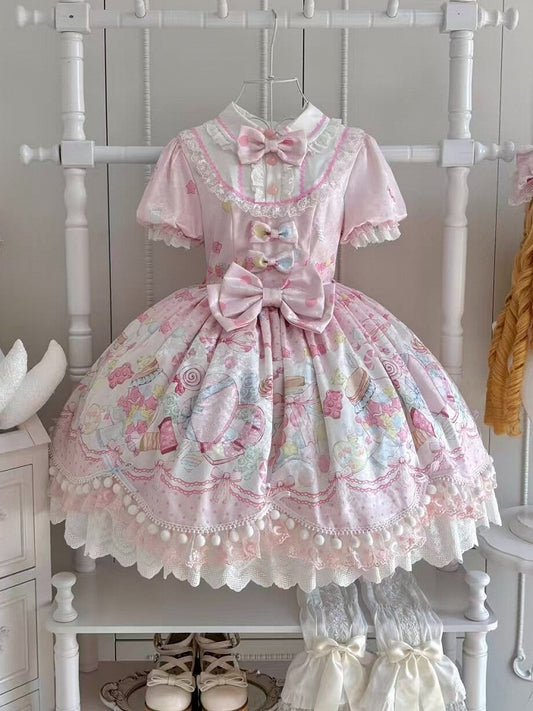 Candy-Printed Pink Sweet Bow Short-Sleeve OP Dress - Inspiration Post