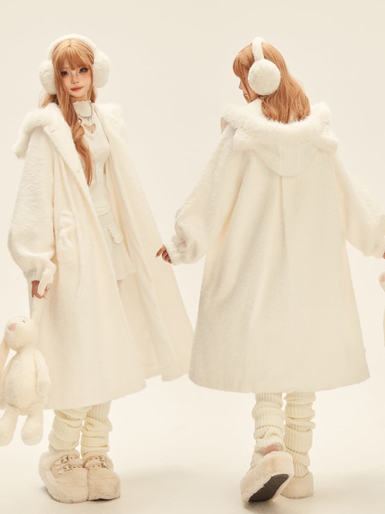 Bow-Accented Hood White Coat with Cat Pockets Mid-Length Ear