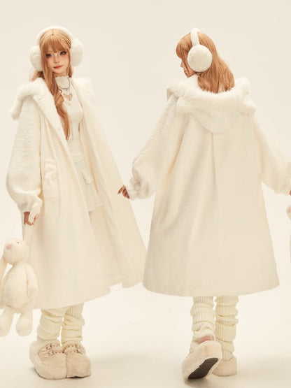 Bow-Accented Hood White Coat with Cat Pockets Mid-Length Ear