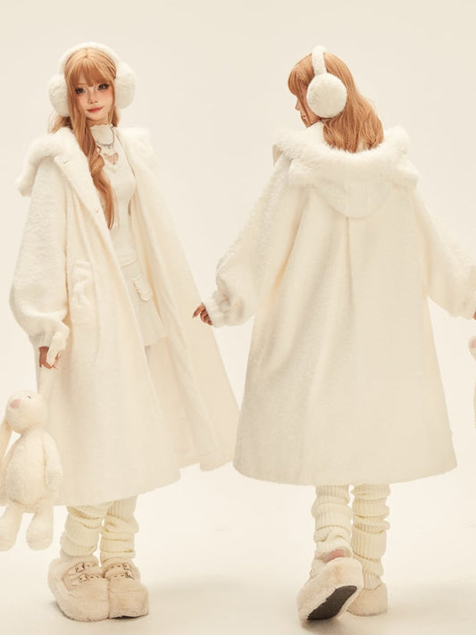 Bow-Accented Hood White Coat with Cat Pockets Mid-Length Ear