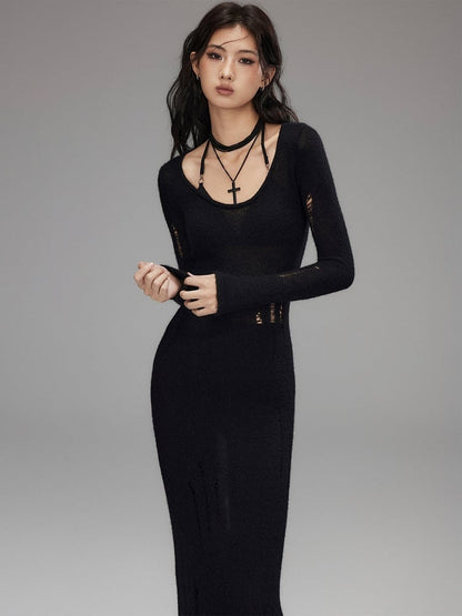 Black Long Sleeve Distressed Dress with Cutout Cross Back - Low pixel