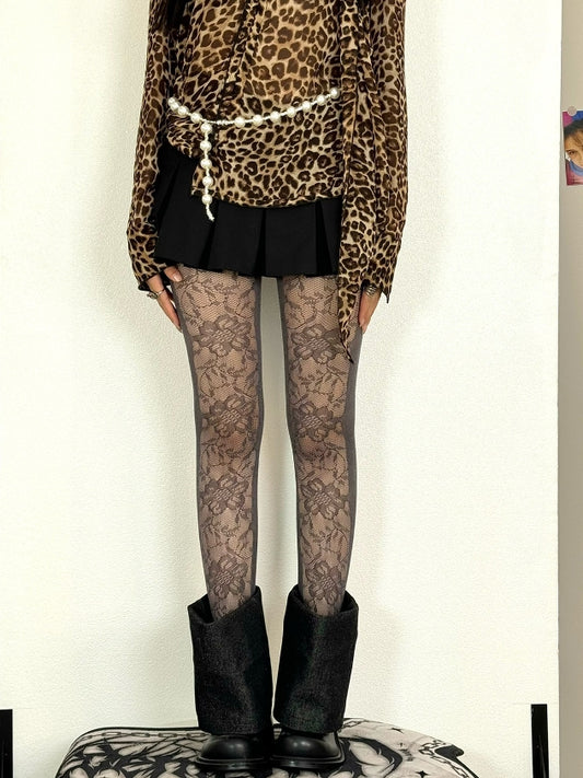 Tights Floral Gray Pattern Y2K