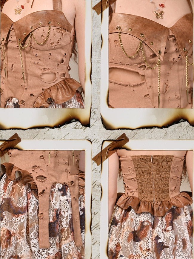 Holes Distressed Studs Chain Design Halter Dress Decorated Brown Wasteland Punk