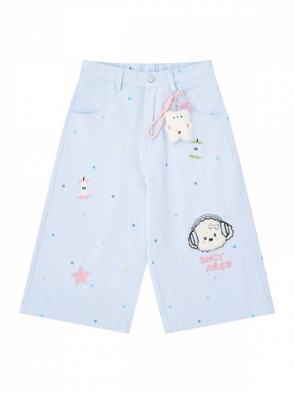 Blue Polka Dot Cropped Wide Pants with Puppy Embroidery - Languid Park