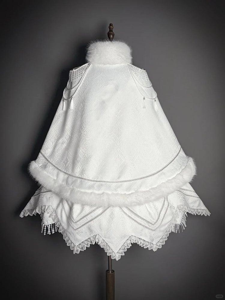 Fur-Trimmed White Decoration and Cape with Buckle Faux Breasted Lolita Military Double Tassel