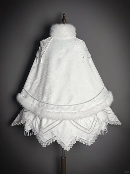 Fur-Trimmed White Decoration and Cape with Buckle Faux Breasted Lolita Military Double Tassel