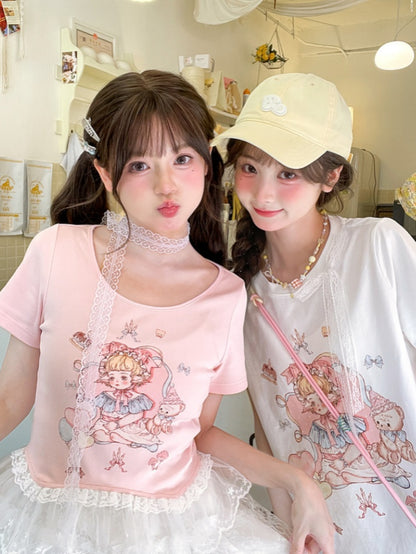 Pink/White Girl Print Lace Trim T-Shirt Cute Round Neck