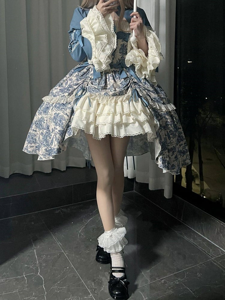 Bow Print Set + Elegant Skirt White Bolero Train High-low Rose Dress Jouy Blue and Accents de with Lolita Classic Toile