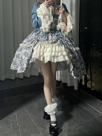 Bow Print Set + Elegant Skirt White Bolero Train High-low Rose Dress Jouy Blue and Accents de with Lolita Classic Toile