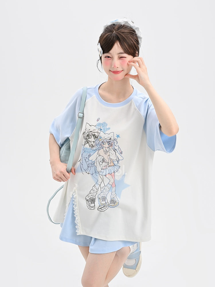 ライトブルーデザイン アニメガールプリントTシャツ カラーブロック ショート/ロングバージョン