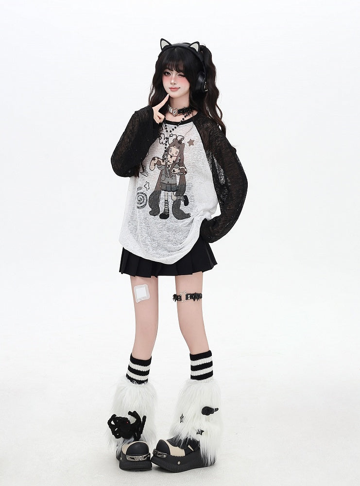 Coverup Colorblock Design Semi-sheer Cartoon Girl Print Black/Pink/Blue