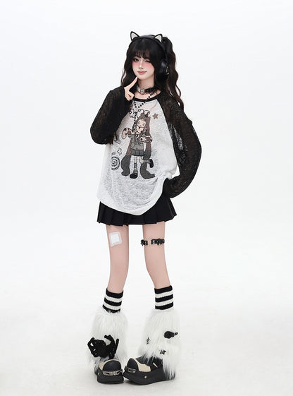 Coverup Colorblock Design Semi-sheer Cartoon Girl Print Black/Pink/Blue