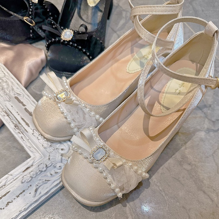Lolita High-heel Straps Champagne Shoes Embellishments Crisscross with Rhinestones Sweet