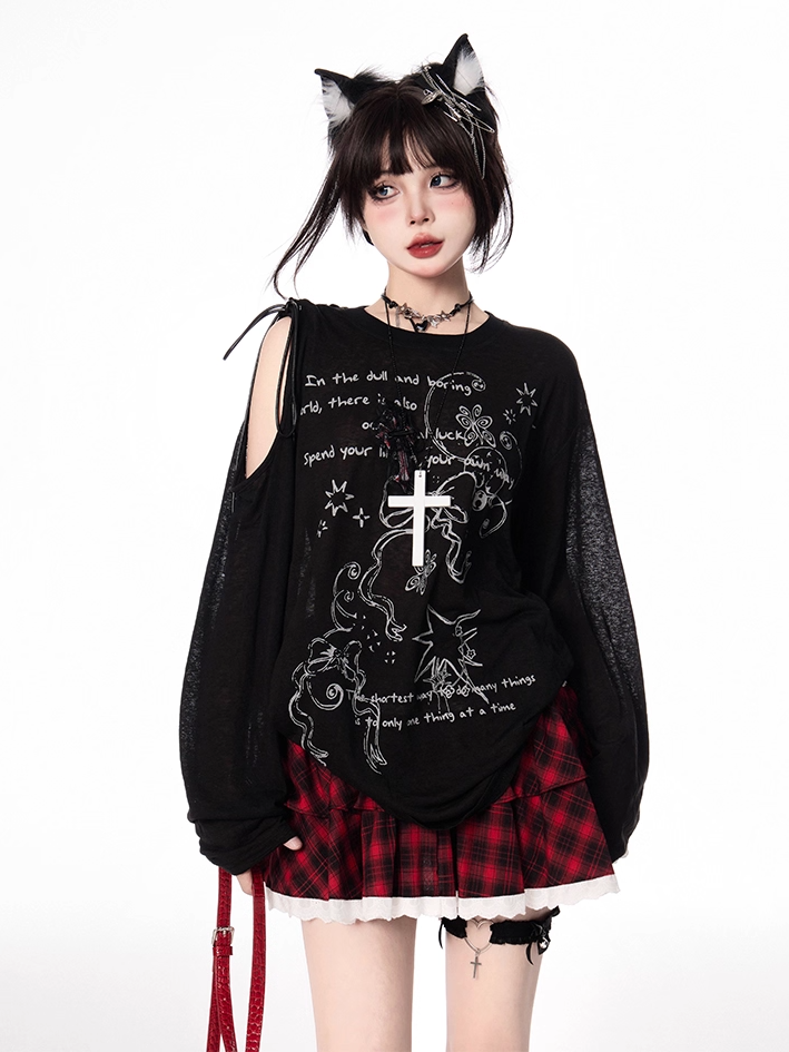 Semi-sheer Bowknot Graffiti Print Coverup Cutout Shoulder Black/White