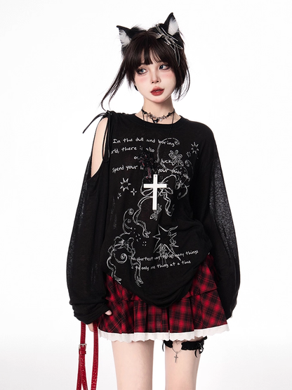 Semi-sheer Bowknot Graffiti Print Coverup Cutout Shoulder Black/White