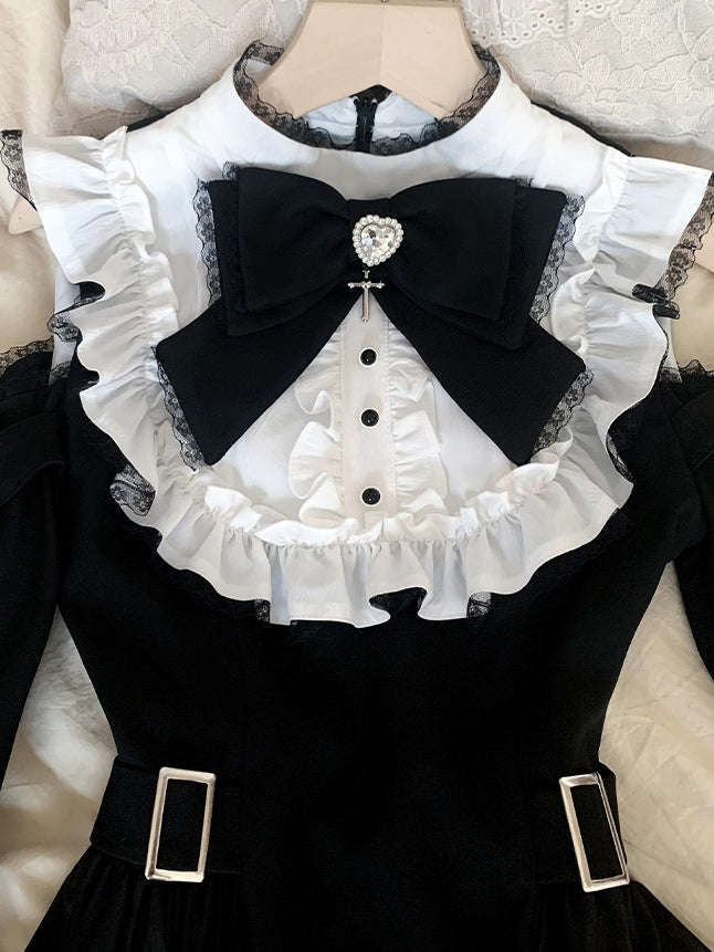 Dress Open Shoulder with Adjustable Heart Buckles and Handkerchief Hem and Jirai Kei Black White