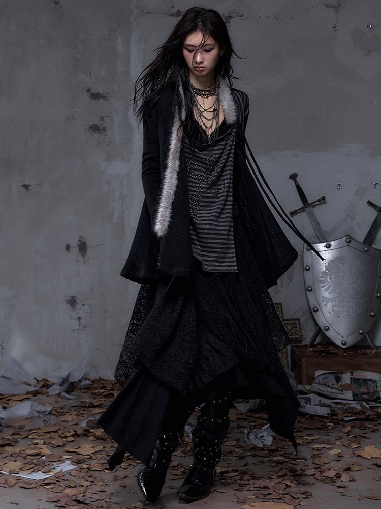 with Two Black Striped Piece Faux Vintage  Lining Cross Rhinestone Punk Top Back Applique