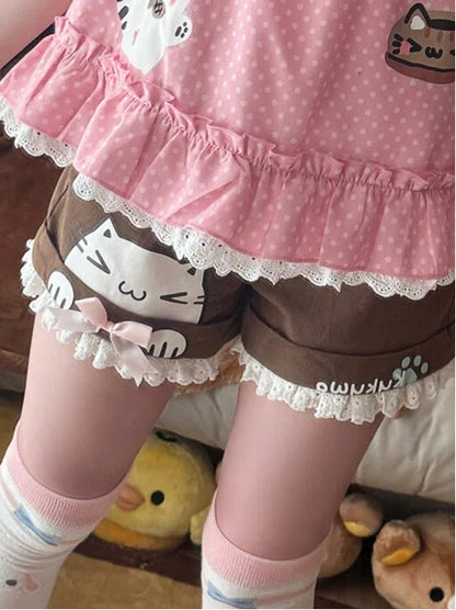 Paw Kitten Brown Cat Shorts Prints Trim with Lace and