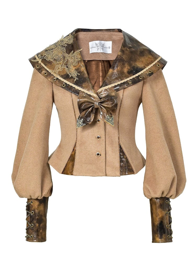Lace Collar Applique Steampunk Embroidered Top PU with Khaki Sailor Brown