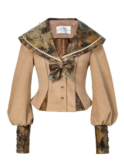 Lace Collar Applique Steampunk Embroidered Top PU with Khaki Sailor Brown