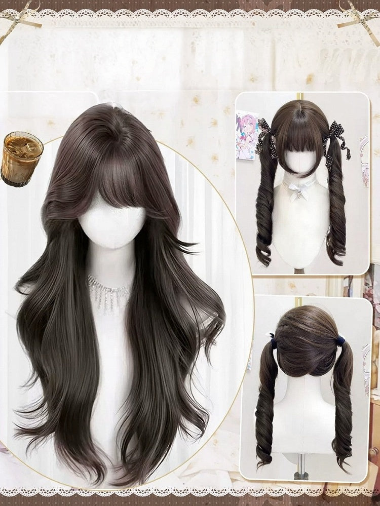 Brown 72cm Roman Curly Twin Tails Wig Full Bangs