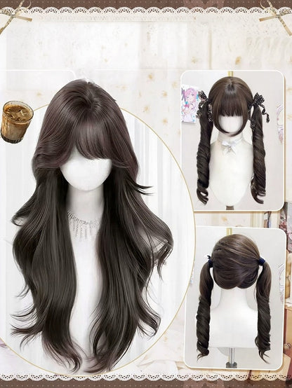 Brown 72cm Roman Curly Twin Tails Wig Full Bangs