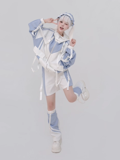 Colorblock Hellweiße, von Tenshi Kaiwai inspirierte Techwear-Jacke: Blau